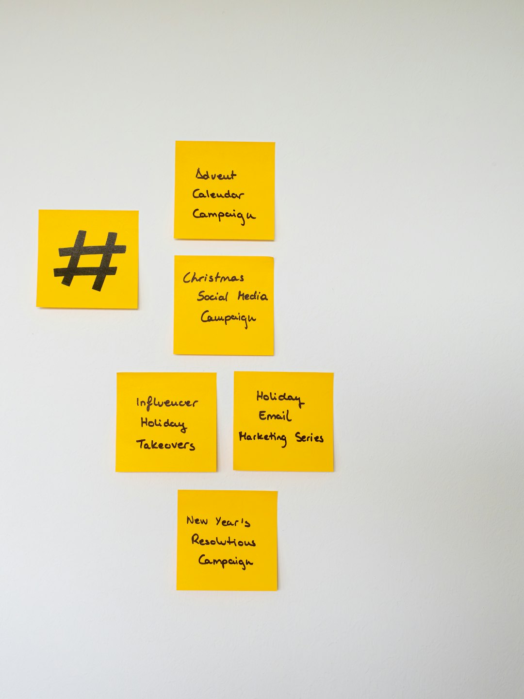Sticky notes with marketing concepts related to Christmas